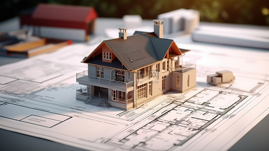 住宅建筑模型叠加在蓝图上 3D 渲染