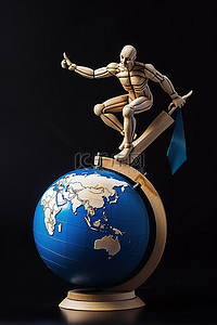 地球背景图片_一个木制人物坐在地球仪顶部，带有蓝色箭头