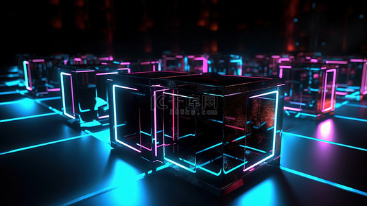 抽象 3D 渲染中的霓虹灯点亮黑色立方体