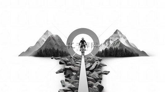 在带箭头的白色背景上导航白色山地自行车的成功 3D 渲染之路