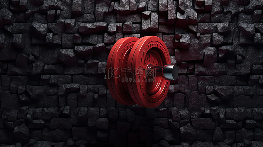 从黑墙裂缝中出现的红色哑铃的 3D 插图