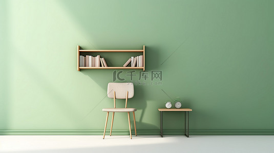 教育logo背景图片_时尚简约的教室设计，配有白色木桌和椅子，绿板背景 3D 渲染