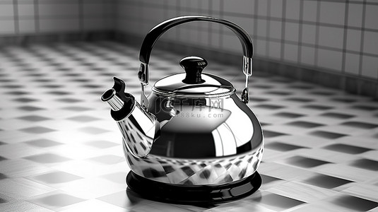 3D 渲染中的复古厨房等距器具单色复古水壶茶壶
