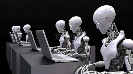 未来自动化女性机器人或机器人在台式计算机上协作