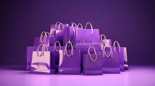 在线购物概念 3d 呈现紫色背景上带购物袋的可点击购买按钮
