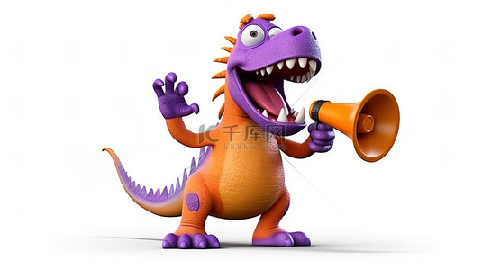 霸王龙可爱背景图片_有趣的 3d 紫色恐龙，带有拿着橙色的扩音器