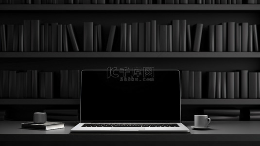黑色背景背景图片_放置在方形背景黑色架子上的笔记本电脑的 3D 插图