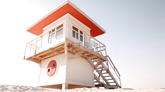 海天背景图片_阳光明媚的海滩上近距离白色救生塔的 3D 渲染