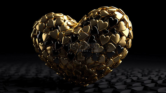黑色背景上的金心 3D 渲染的情人节图像