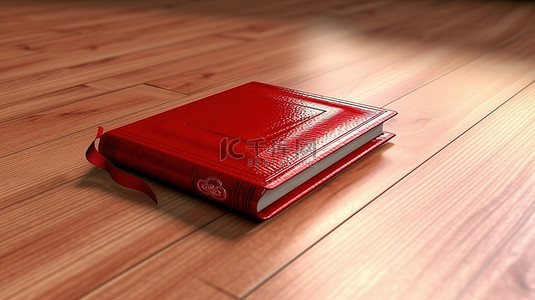 木桌的 3D 渲染，上面有一本充满活力的红书