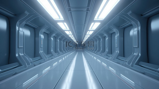 浅蓝科技感背景图片_未来太空时代抽象空科幻走廊的 3D 渲染