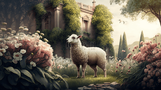 童话小羊背景图片_花园建筑羊场景