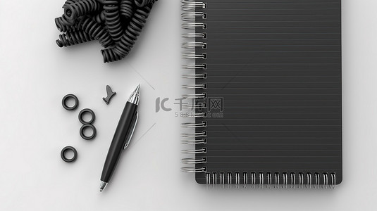 白色螺旋笔记本位于白色桌子上黑色办公室夹子的中心 3D 顶视图渲染