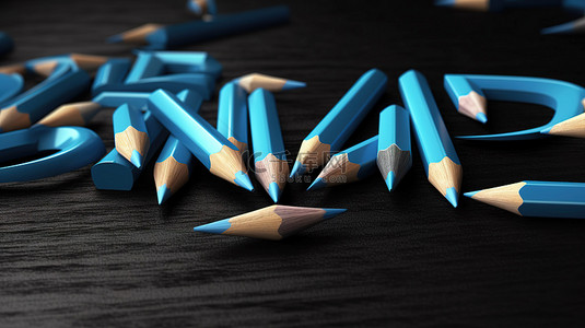 蓝色木制背景背景图片_黑色纸背景上带有品牌名称的白色和蓝色木制彩色铅笔的 3d 插图