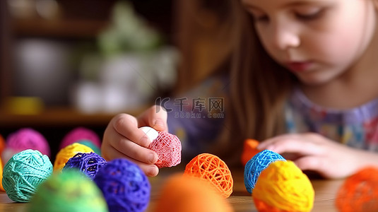 一个孩子使用 3D 笔用塑料丝制作复活节彩蛋