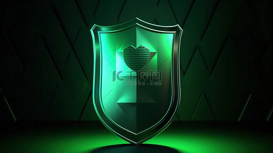 绿色认证背景 3D 渲染强大而安全的盾牌