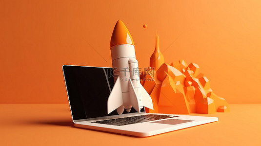 开始你的旅程 橙色背景下从笔记本电脑屏幕发射的火箭的 3d 渲染