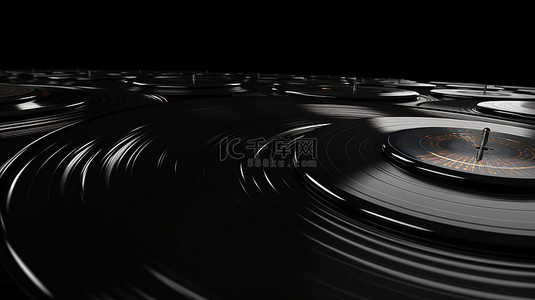 黑色黑胶唱片在深色背景上盘旋的 3D 渲染
