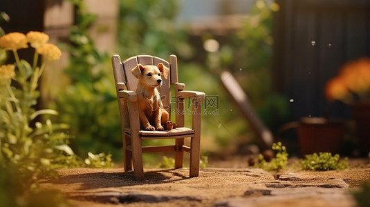 3D 渲染的花园场景，椅子上有一只可爱的棕色狗