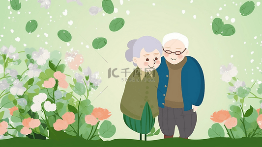 敬老卡通背景图片_祖父母日人物花朵绿色卡通背景