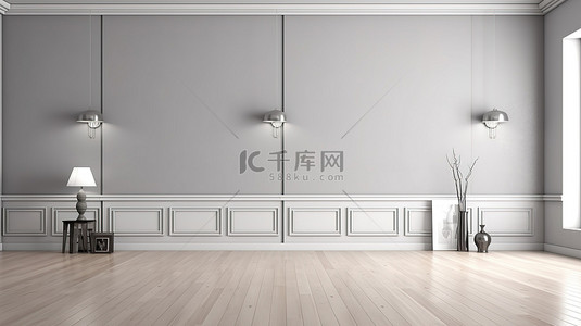 白灰色简约背景图片_用 3D 渲染创建的简约北欧房间灰色墙壁和木地板