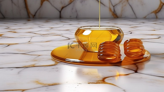 带有蜂蜜糖浆的花岗岩平台背景的 3D 渲染