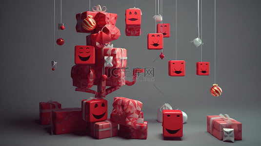 3D 红色字体的欢快圣诞信息，带有快乐表情符号手绘圣诞树，并在灰色背景上悬挂礼品盒