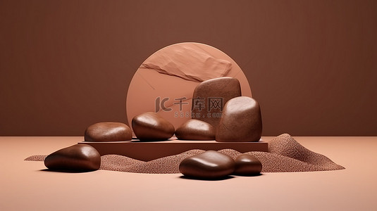 棕色化妆品背景图片_3D 渲染中的产品植入和展示由棕色岩石组成和化妆品平台