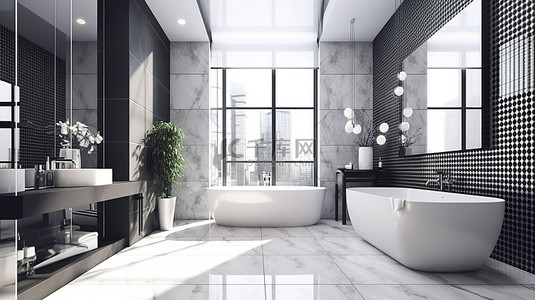 豪华瓷砖装饰以 3D 方式提升了现代阁楼浴室