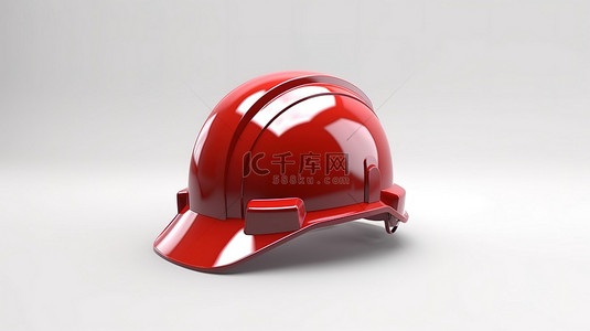 白色背景上红色塑料安全头盔的 3D 渲染