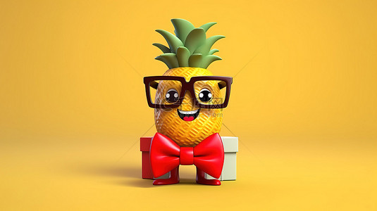 3D 渲染一个欢快的卡通菠萝，具有时髦的时尚感，在阳光明媚的黄色背景上拿着一个带有红丝带的礼盒