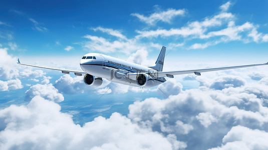 云彩背景图片_一架商用飞机翱翔在蓝天，周围环绕着 3d 渲染的令人惊叹的云彩
