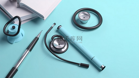 医生听诊器背景图片_柔和的蓝色背景，带有 3D 渲染笔记事本和医生听诊器