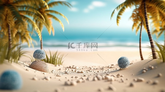 用沙滩景观的 3D 渲染迎接这个季节，快乐的夏天