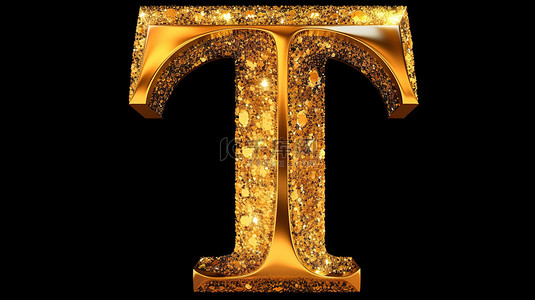 3d 渲染的大写字母 T 闪闪发光的金色，闪闪发光