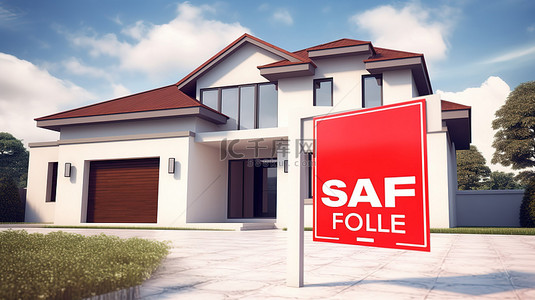 吊牌背景图片_出售梦想之家 3D 渲染的现代房屋，配有红色屋顶和砖墙，白色背景上装饰着“已售出”标签