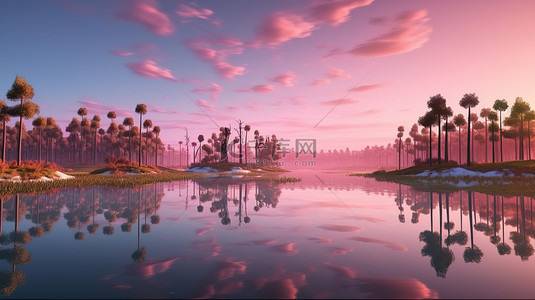 优美的环境背景图片_湖泊的奇妙 3D 渲染，绿树和粉红色的草反射着令人惊叹的日出景观