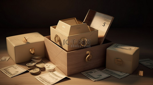 装满纸币和硬币的 3D 投资储蓄箱的高级图像