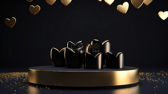 金色爱心背景图片_3d 黑色基座上的悬浮心美容化妆品讲台，带有金色显示背景