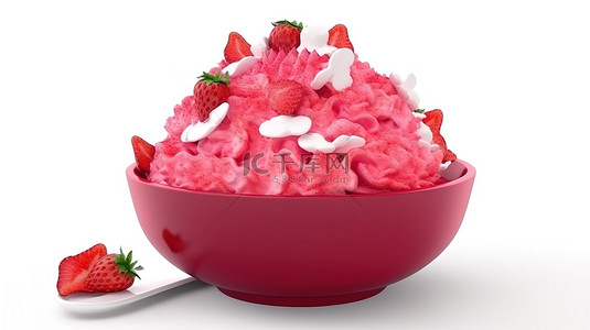 卡通风格 3d 渲染 bingsu 刨冰与草莓和冰淇淋在白色背景