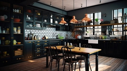 经典黑色背景图片_带有经典黑色家具的深色复古厨房的 3D 渲染