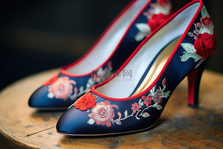 鞋背景图片_香港婚鞋风尘绣红蓝