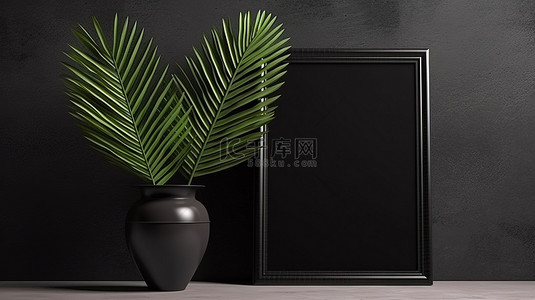 阴影棕榈叶背景上乌木墙 3D 渲染的时尚黑色海报框架模型