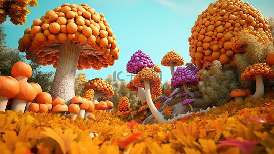 感恩节背景图片_感恩节快乐 3D 渲染秋树南瓜橡子和欢快的蘑菇