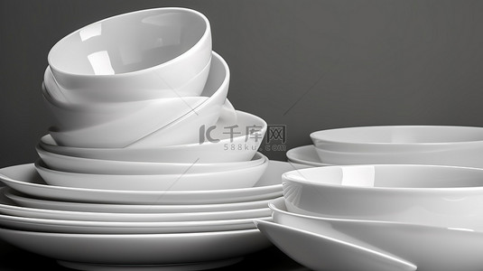 美食背景图片_白色背景中 3d 堆叠的空白色盘子