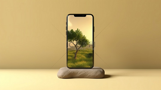 手机场景展示背景图片_夏季智能手机模型在墙壁背景上展示树影，并带有 3D 渲染插图