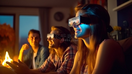 快乐的年轻朋友在家戴着 3D 眼镜享受电影之夜