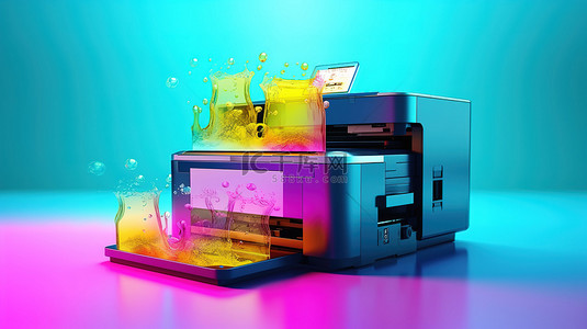物联网背景图片_以 3D 渲染的数字喷墨打印机背景中带有 cmyk 颜色的海蓝宝石背景