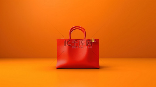 橙色背景下充满活力的销售横幅红色购物袋的 3D 插图
