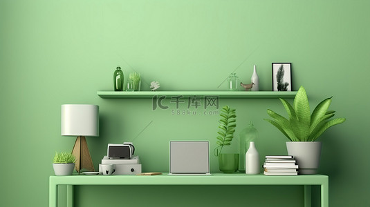 背景照片墙背景图片_1 绿色色调的书桌框架和房间装饰的照片，以明亮的 3D 渲染背景为背景
